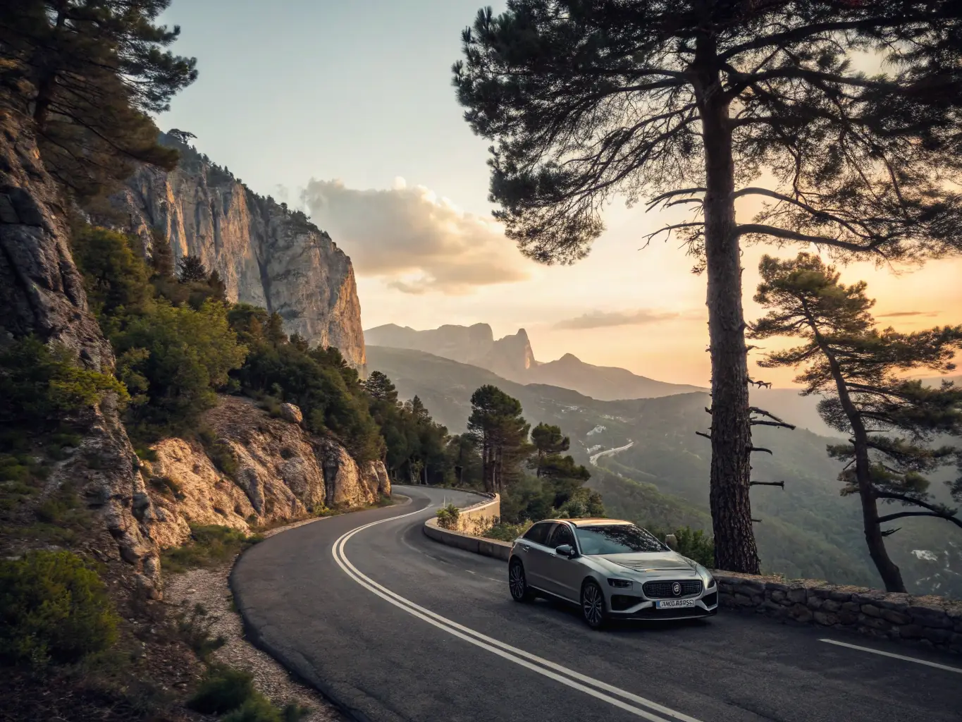 A shiny, new car parked in a scenic mountain setting, representing the freedom and adventure achievable with Silver Creek Credit Union's auto loans.